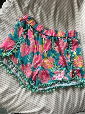 Simply Southern Floral Pom-Pom Elastic Waist Women's Shorts - Turquoise & Pink